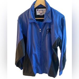Men’s Vintage Champion Blue Black Zip-Up Athletic Track Jacket, size XL, 90s Y2K
